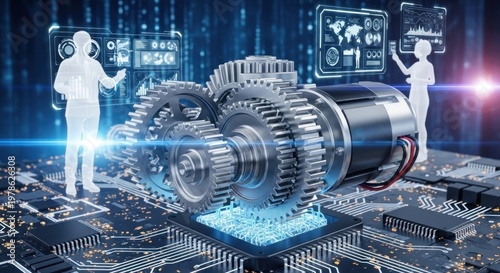 A futuristic mechanical assembly with gears and a motor on a glowing, digital circuit board.