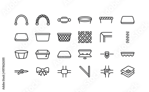 Flower basket parts with handles, rims, bases, sides, liners, and structural components clean monoline outline icon set showing