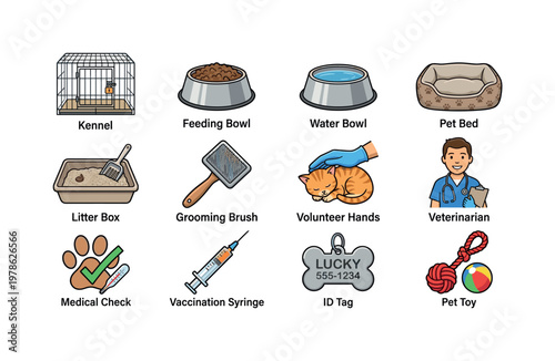 Animal shelter and care with kennel, feeding bowl, water bowl, pet bed, litter box, grooming brush, volunteer hands, veterinarian,