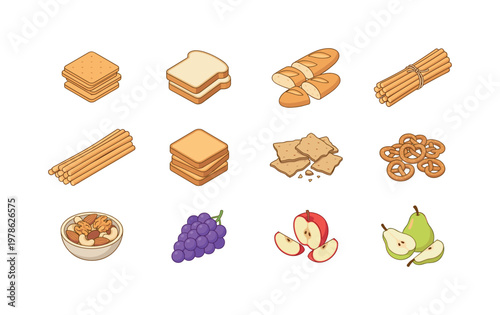 Collection of baked goods and fruits in isometric cartoon style