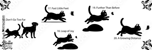 Black silhouette cats in various poses with text overlays