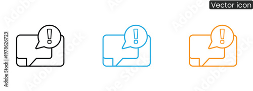 Vector icons of speech bubbles with exclamation marks on white background in black, Blue and orange