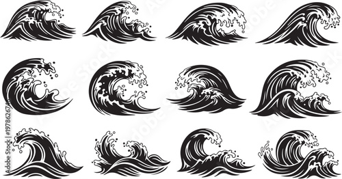 Black and white wave illustrations in various crashing styles