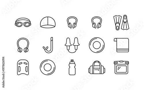 A aquatic sport composition featuring a pair of swim goggles, swimming cap, nose clip, ear plugs, snorkel, swim fins, kickboard,