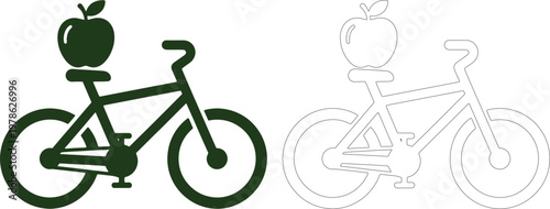 Dark green bicycle silhouette with apple on seat and outline