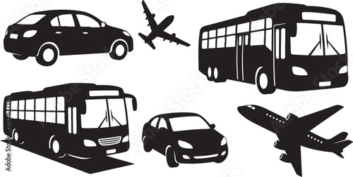 Transportation modes including cars buses and airplanes in silhouette
