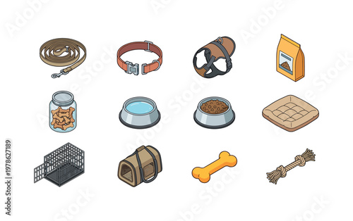 Dog leash adjustable, dog collar buckle, dog harness vest, dog food bag, dog treat jar, dog water bowl, dog food bowl, dog bed