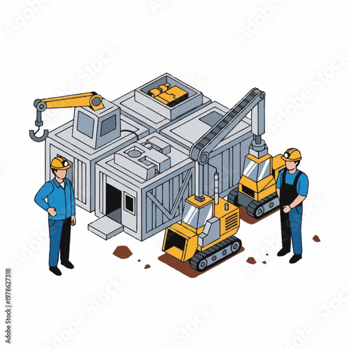 Construction Site with Workers and Machinery.