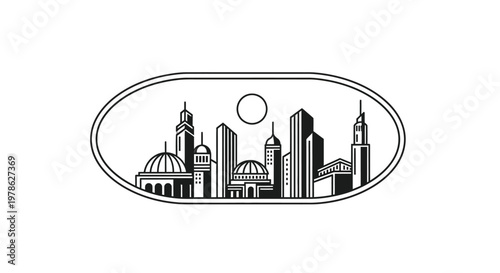 A minimalist black and white skyline illustration featuring various architectural structures and a prominent sun