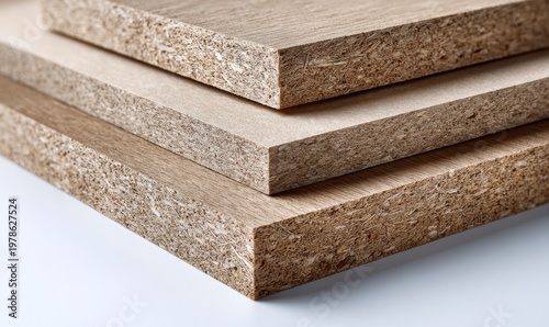 Stack of wood particle board panels show texture and construction material