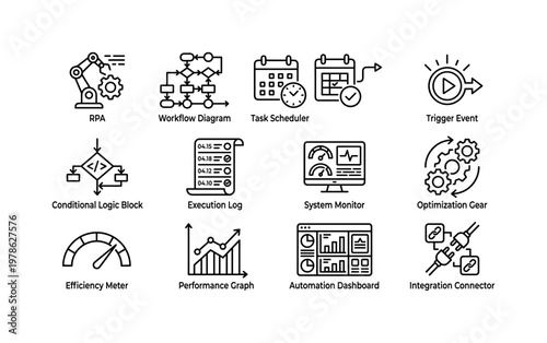 Automation and process optimization with robotic process automation, workflow diagram, task scheduler, trigger event icon,