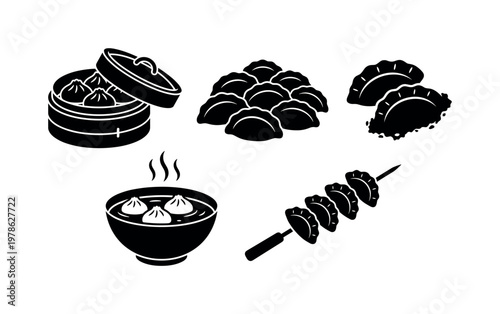 Dumplings cooking styles including steamed dumplings basket, boiled dumplings pile, fried dumplings crispy edge, soup dumplings