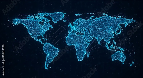 Futuristic global network map with glowing blue connections on a dark background, illustrating worldwide digital communication and technology.