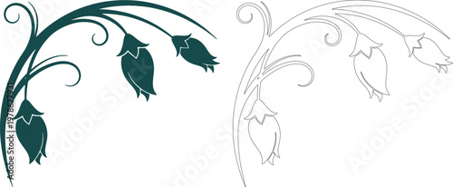 Dark teal abstract vine with bell shaped flowers and swirls