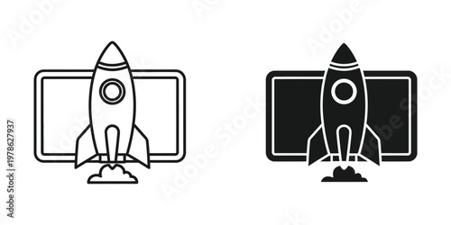 Launching rockets displayed on computer screens in contrasting styles