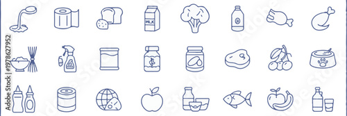 Hand Drawn Icons of Food and Household Items grocery