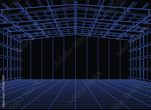 Futuristic Blue Wireframe Warehouse Interior