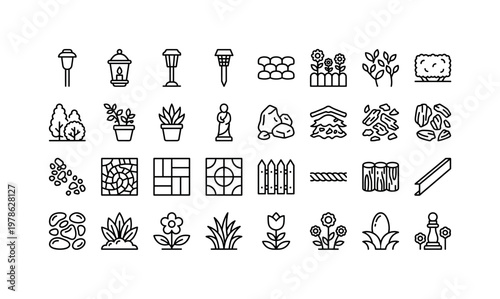 Garden path decorations with lights borders ornaments plants edging features and outdoor styling elements clean monoline outline