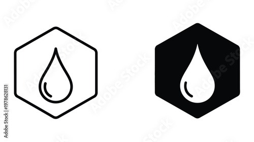 Contrasting water droplet icons in white and black hexagon containers