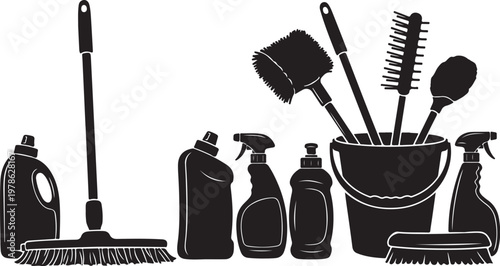Cleaning supplies and tools in a black silhouette style