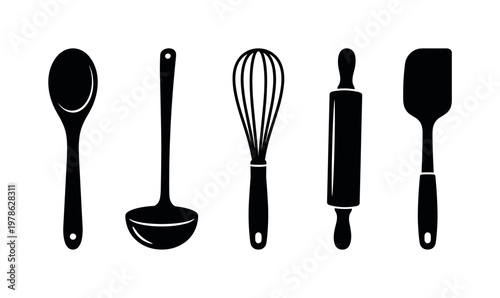 Farmhouse utensils including wooden spoon, metal ladle, whisk tool, rolling pin wood, spatula utensil, bold black silhouette