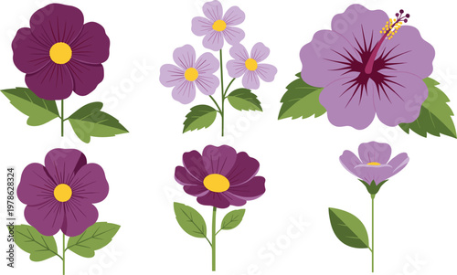 Purple Flower Vector Set with Decorative Floral Elements and Garden Blossoms in Different Styles for Botanical Design Spring Illustration and Nature Decoration