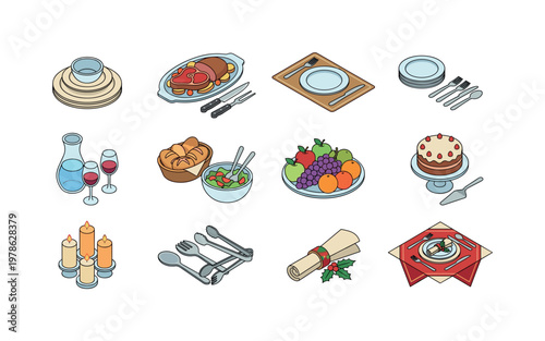 Festive tableware set, holiday dinner kit, celebration table arrangement, plates and cutlery set, glassware and carafe pack, bread