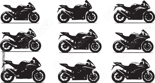 Set of motorcycle silhouettes in various dynamic poses and angles