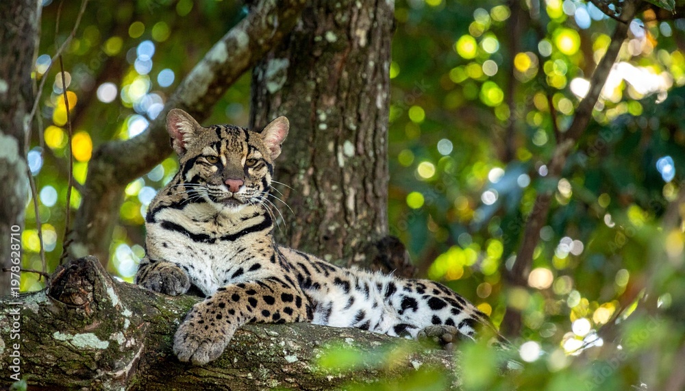 Obraz premium Clouded leopard resting on tree branch in dappled forest sunlight