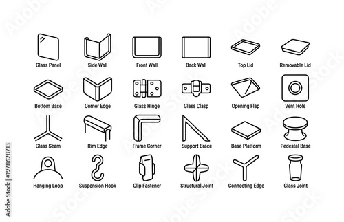Glass terrarium parts with lids, bases, walls, corners, openings, and structural features clean monoline outline icon set showing