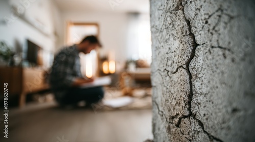 man looking at his crack in his apartment