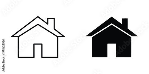 Comparison of outline and solid house icons in black and white