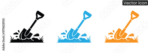 Shovel digging into ground with grass and clouds on white background vector icon set