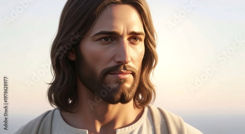 Sacred Christian artwork featuring Jesus Christ illuminated by soft golden rays captured in premium isolated studio shot on pure white background