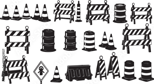 Road construction and traffic control icon set in black