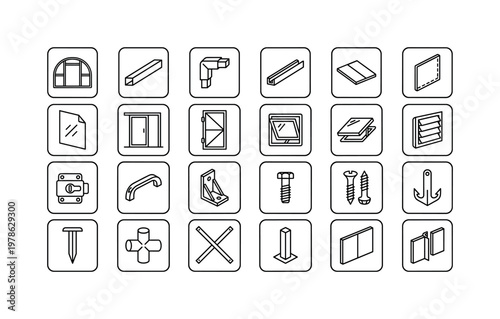 Greenhouse structural parts with frames panels doors vents supports and assembly components clean monoline outline icon set