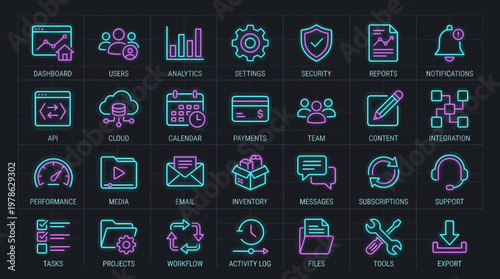 Modern Web Business and Admin Panel Neon Outline Icons