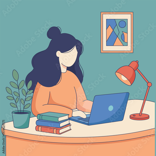 A woman sitting at a desk with a laptop and books