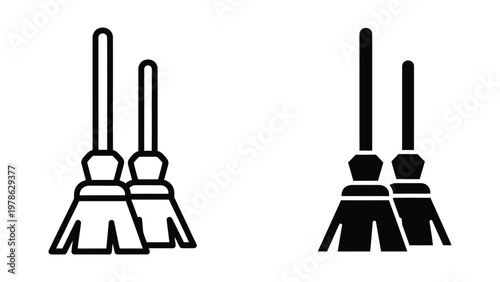 Two contrasting styles of broomsticks in simple black and white illustration