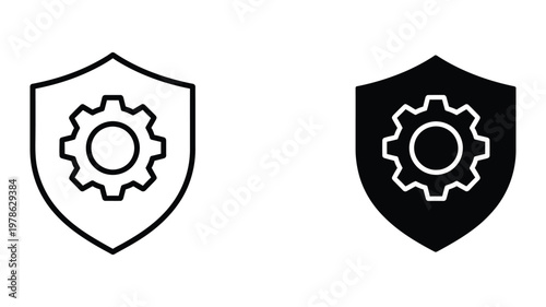 Contrast between light and dark shield icons featuring gear symbols