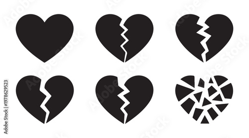 Black broken heart icons symbolizing sadness, breakup, and emotional pain on transparent background.