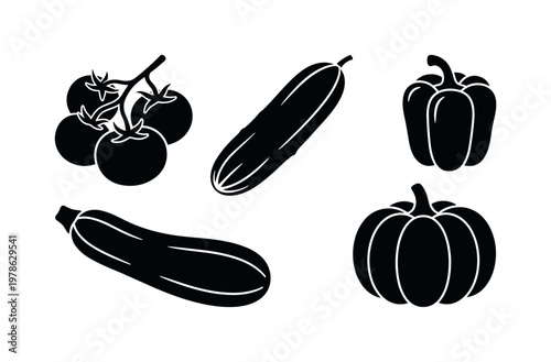 Garden vegetables including tomato cluster on vine, cucumber long shape, bell pepper whole, zucchini elongated, pumpkin round