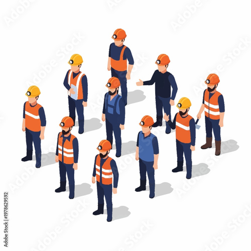 Isometric Group of Construction Workers in Hard Hats.