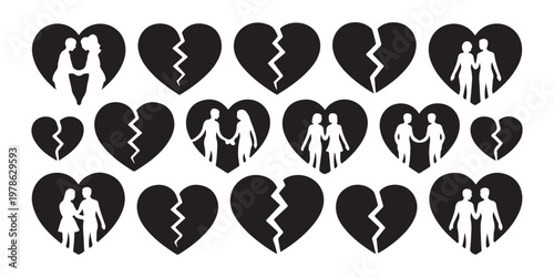 Black heart icons of couples and broken relationships on transparent background.