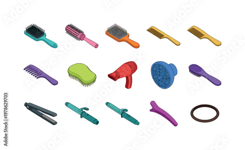 Hair brush, round brush, paddle brush, comb, wide tooth comb, detangling brush, hair dryer, diffuser attachment, straightener iron