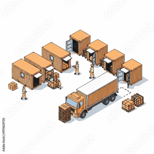 Isometric illustration of a busy logistics hub with workers loading and unloading cargo containers.