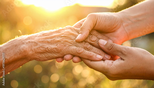 Manos de una asistente social sostienen la mano de una persona anciana, en concepto de cuidado a los mayores, apoyo a la tercera edad, acompañamiento y atención geriátrica cercana
