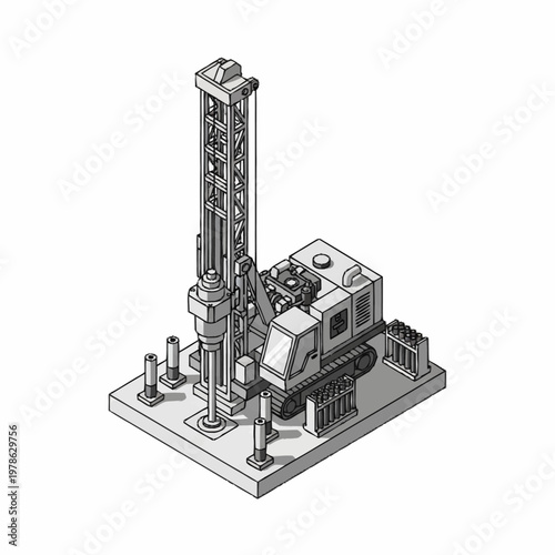 Isometric Illustration of a Drilling Rig Machine.