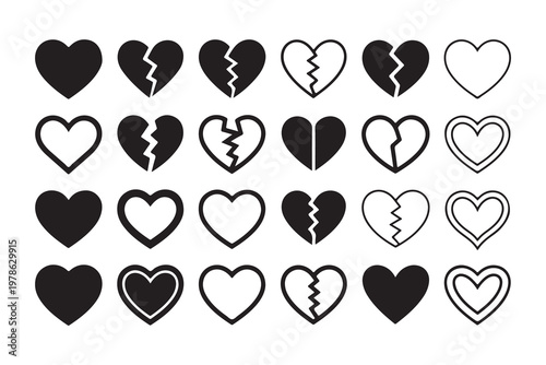 Set of heart shapes black and white outline solid and broken for graphic design and web use creative icons.