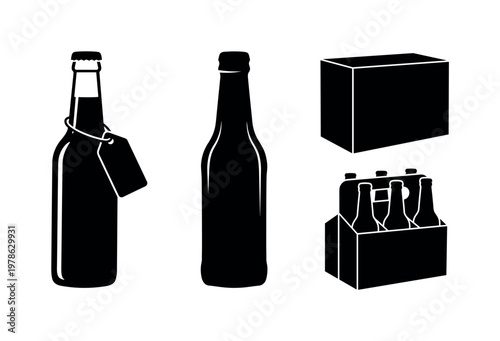Glass bottle packaging elements including bottle label tag, sealing cap top, protective box package, shrink wrap cover, bottle